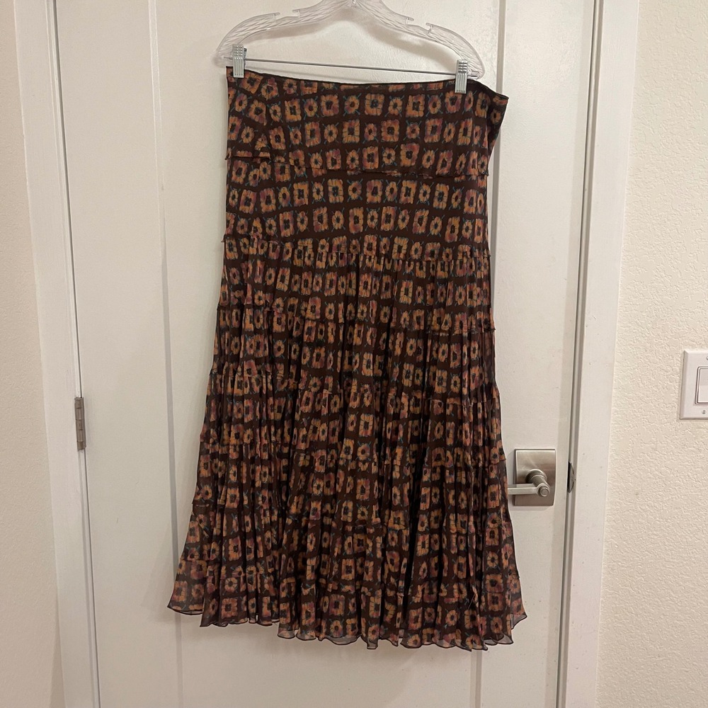 Vintage Y2K Floral Silk‎ Brown Maxi Skirt Tiered Fairycore Whimseygoth